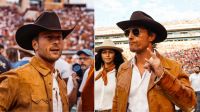 Glen Powell e Matthew McConaughey prestigiam antiga faculdade e vão a jogo