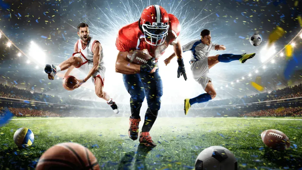 Atletas variados ao ar em montagem em campo de futebol. À esquerda, jogador de basquete no ar, no centro, jogador de rugby, à direita, jogador de futebol.