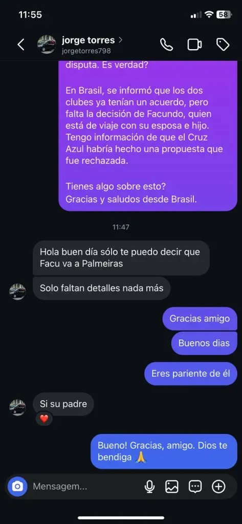 Jorge Torres, pai de Facundo, confirmou que filho vai ao Palmeiras em 2025 – Foto: Reprodução/WhatsApp