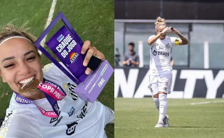 Thaisinha, jogadora do Santos comemora vitória sobre o Bragantino e título da Copa Paulista Feminina 2024, na qual foi a “craque do jogo”. Foto: BrunoVaz/ Santos FC